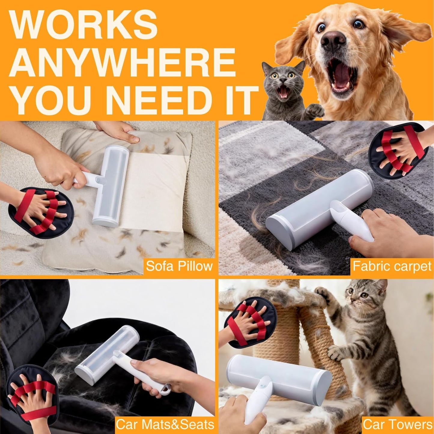 2 in 1 Pet Hair Removal Set, Reusable Dog Hair Remover | Cat Hair Remover, Pet Hair Remover with Roller & Glove, Pet Hair Removal Tool for Clothing, Couch, Furniture & Laundry