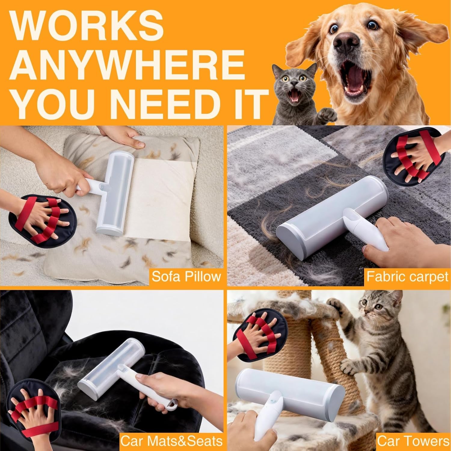 2 in 1 Pet Hair Removal Set, Reusable Dog Hair Remover | Cat Hair Remover, Pet Hair Remover with Roller & Glove, Pet Hair Removal Tool for Clothing, Couch, Furniture & Laundry