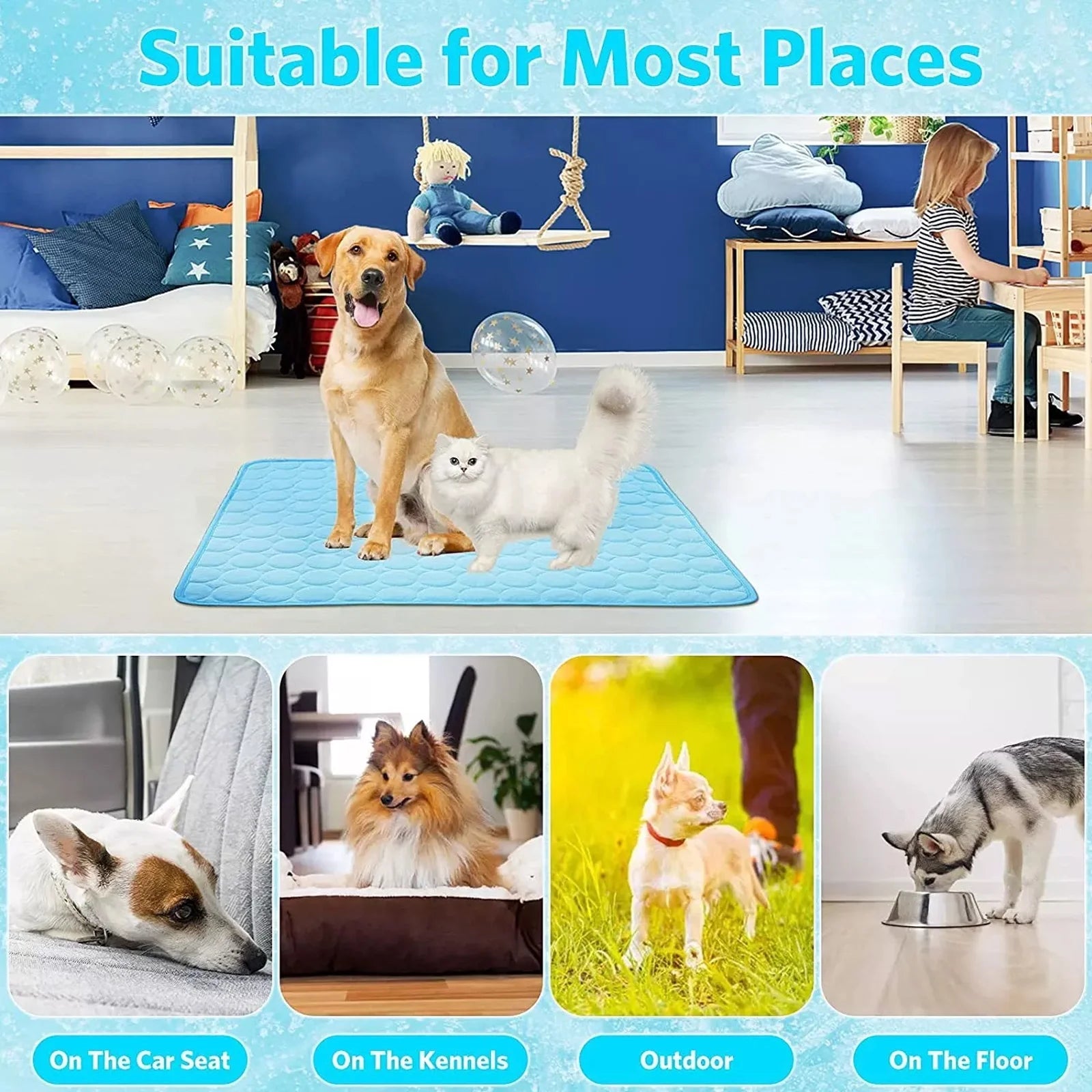 Pet Dog Cooling Mat, Foldable Self Cooling Pad, No Water or Refrigeration Required, Ice Silk Washable Sleeping Kennel Mat for Dog Cat Rabbit and Guinea Pig Cages, Large