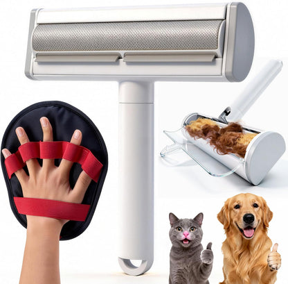 2 in 1 Pet Hair Removal Set, Reusable Dog Hair Remover | Cat Hair Remover, Pet Hair Remover with Roller & Glove, Pet Hair Removal Tool for Clothing, Couch, Furniture & Laundry