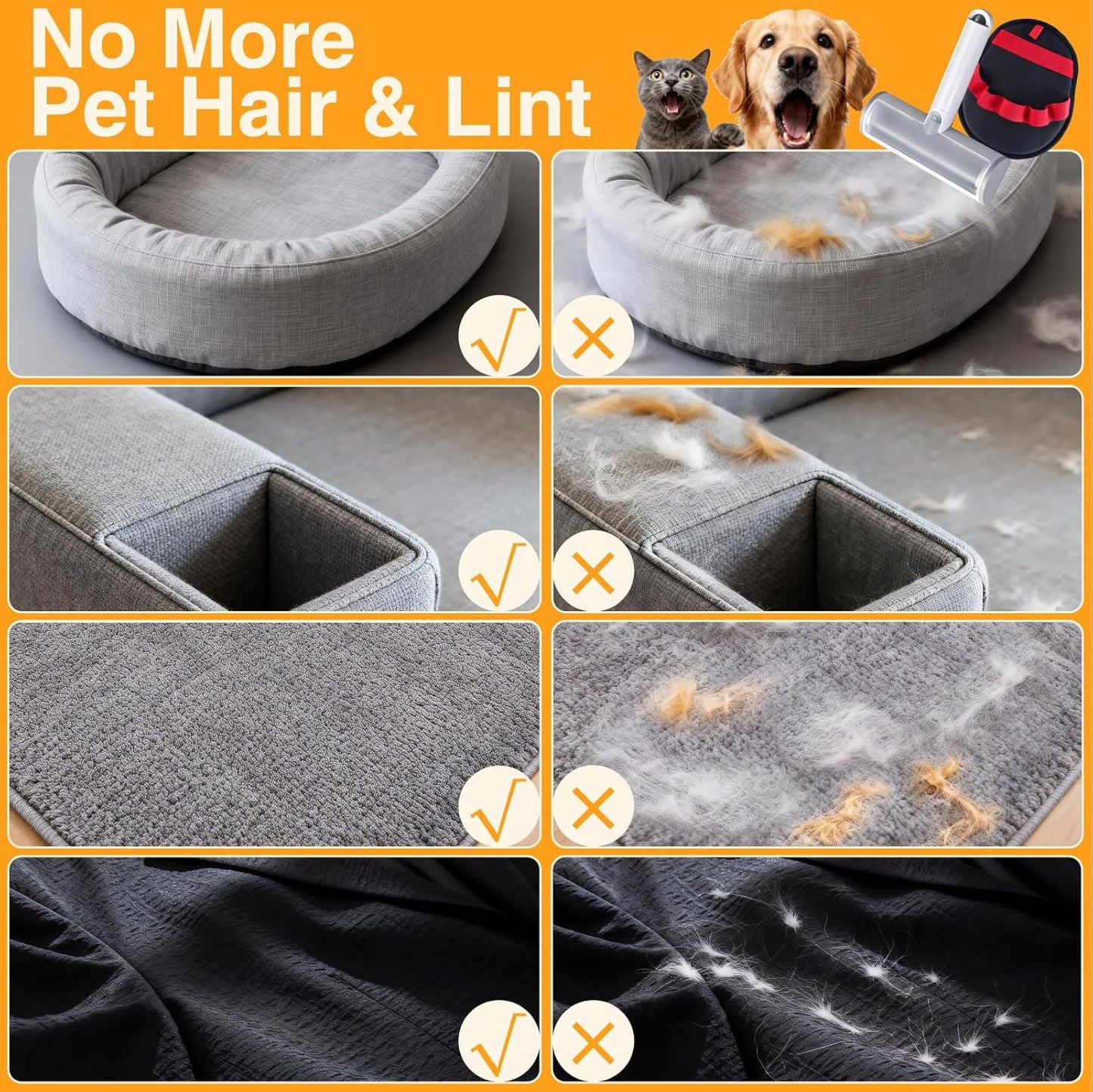 2 in 1 Pet Hair Removal Set, Reusable Dog Hair Remover | Cat Hair Remover, Pet Hair Remover with Roller & Glove, Pet Hair Removal Tool for Clothing, Couch, Furniture & Laundry