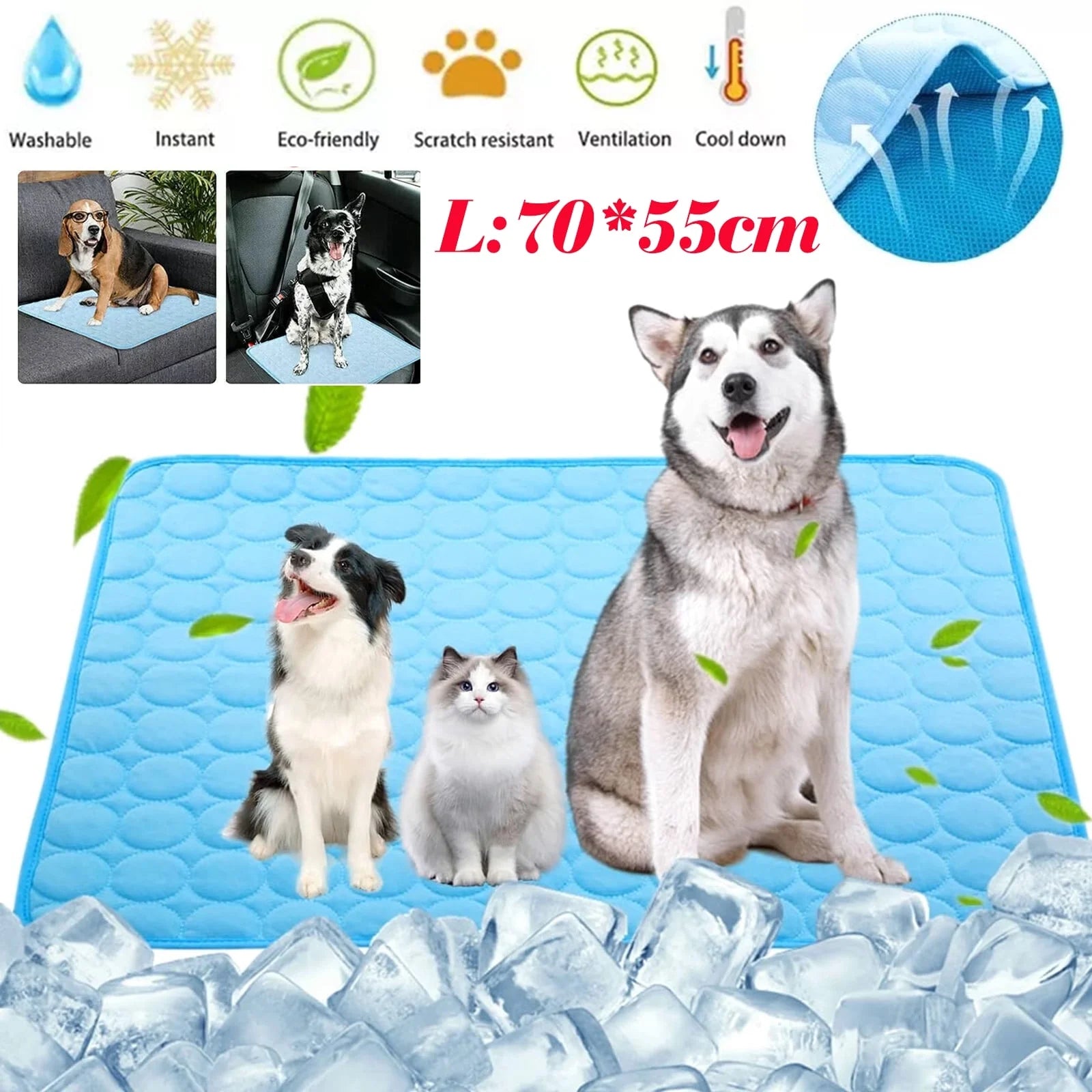 Pet Dog Cooling Mat, Foldable Self Cooling Pad, No Water or Refrigeration Required, Ice Silk Washable Sleeping Kennel Mat for Dog Cat Rabbit and Guinea Pig Cages, Large